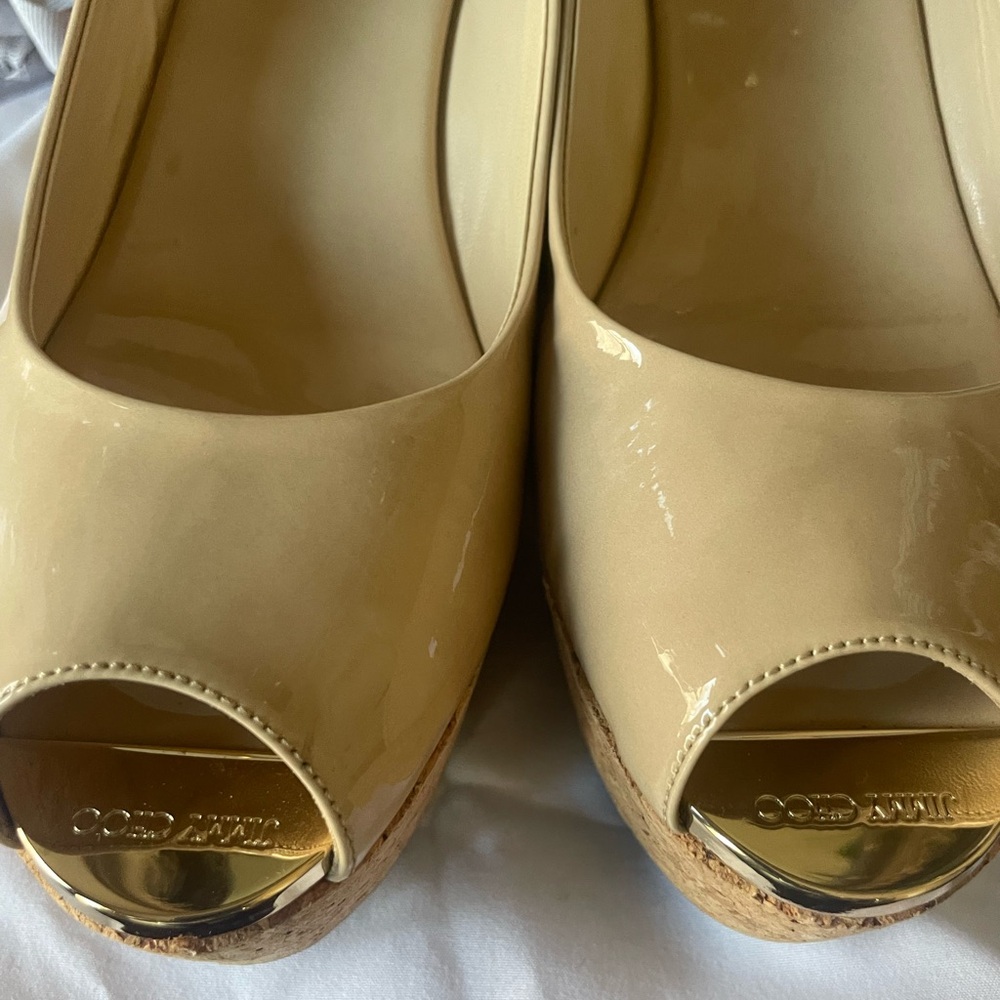 Jimmy Choo Praise Nude Patent Cork Wedge Heel Slingback Pumps Sz 7.5 box… - Picture 3 of 8